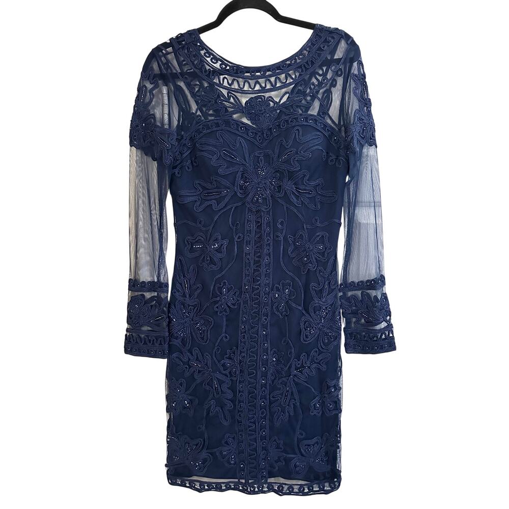 LOTUS THREADS Beaded Embroidered Midnight Navy Blue Sheer V-Back Dress - 6